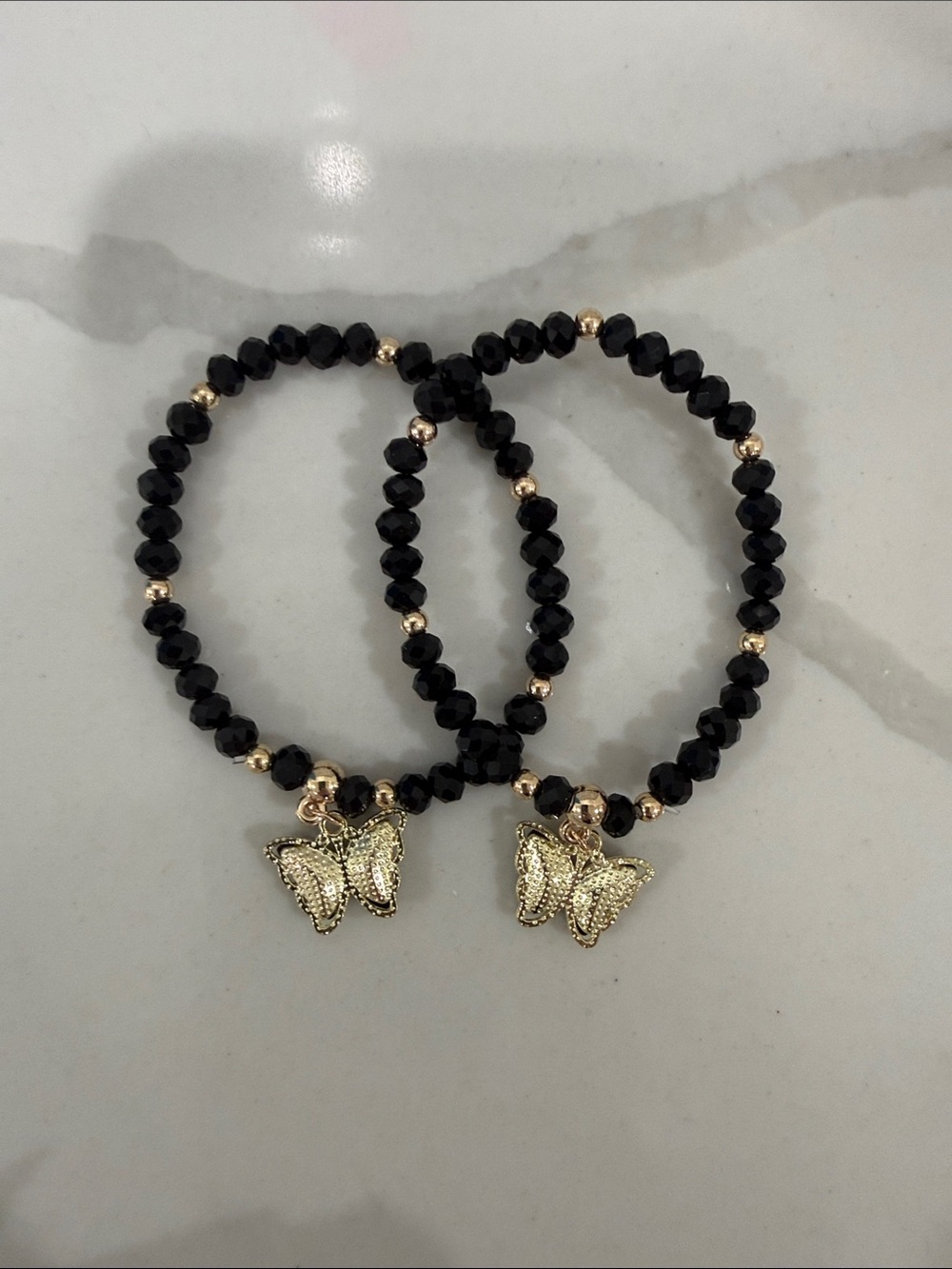 Gold Butterfly Charm Black Beaded Stretch Bracelet - Women Jewelry bundle 2
